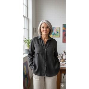 Magaschoni‎ Linen Shirt Womens Medium Black Oversized Button Up Roll Tab Sleeve